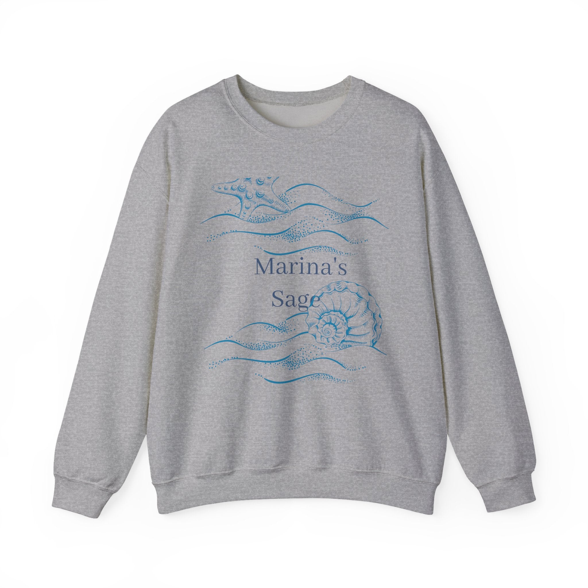 Sea Shell Crewneck Sweatshirt — “Marina’s Sage” Nautical Wave Graphic