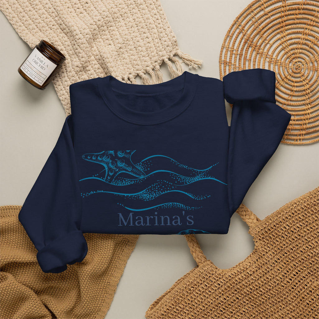 Sea Shell Crewneck Sweatshirt — “Marina’s Sage” Nautical Wave Graphic