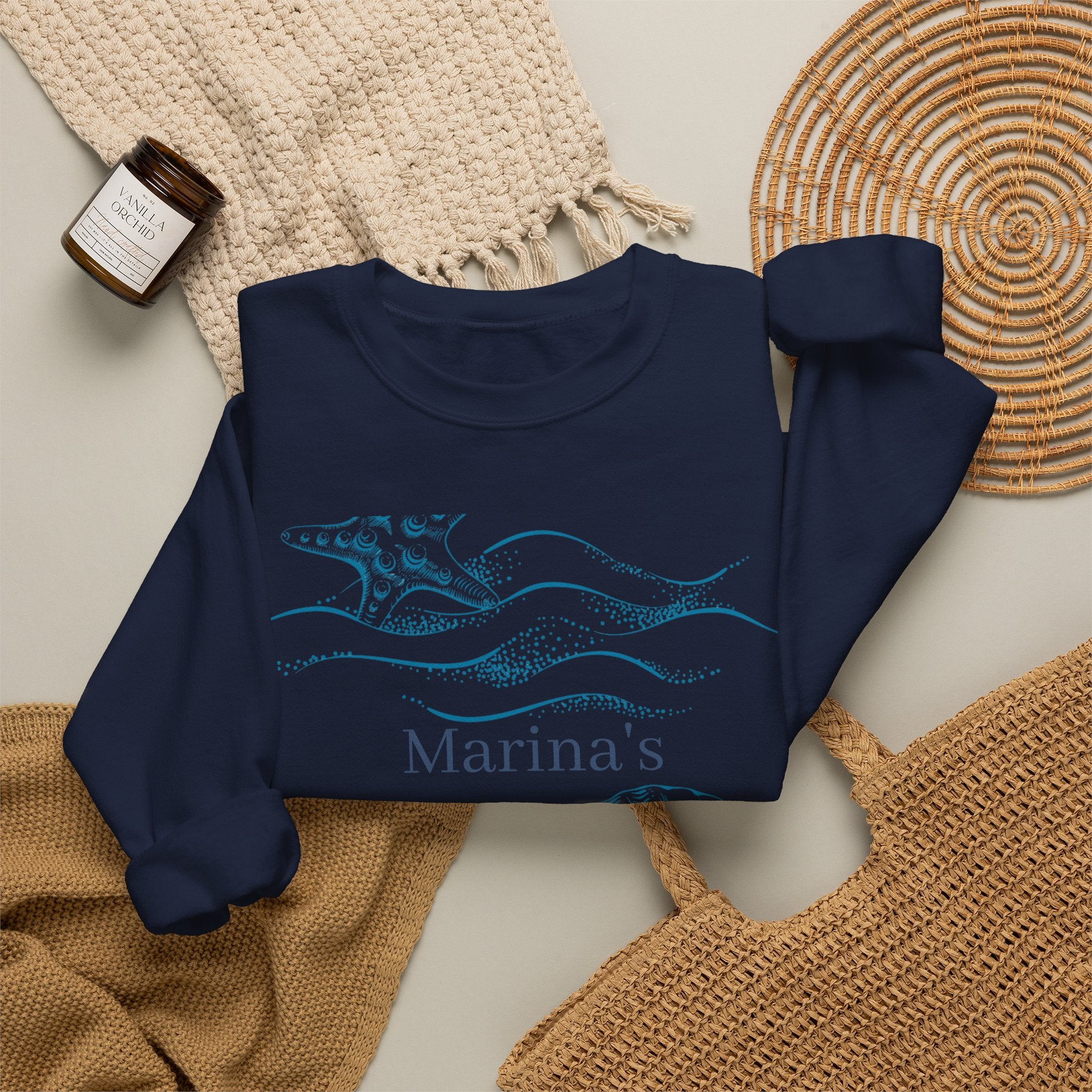 Sea Shell Crewneck Sweatshirt — “Marina’s Sage” Nautical Wave Graphic