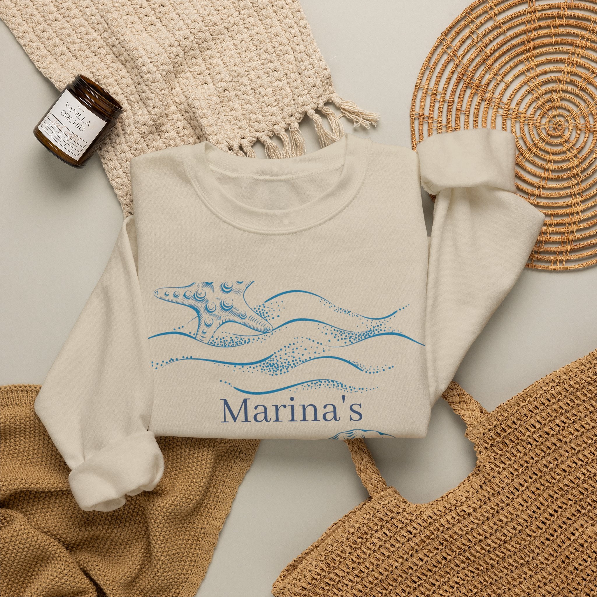 Sea Shell Crewneck Sweatshirt — “Marina’s Sage” Nautical Wave Graphic