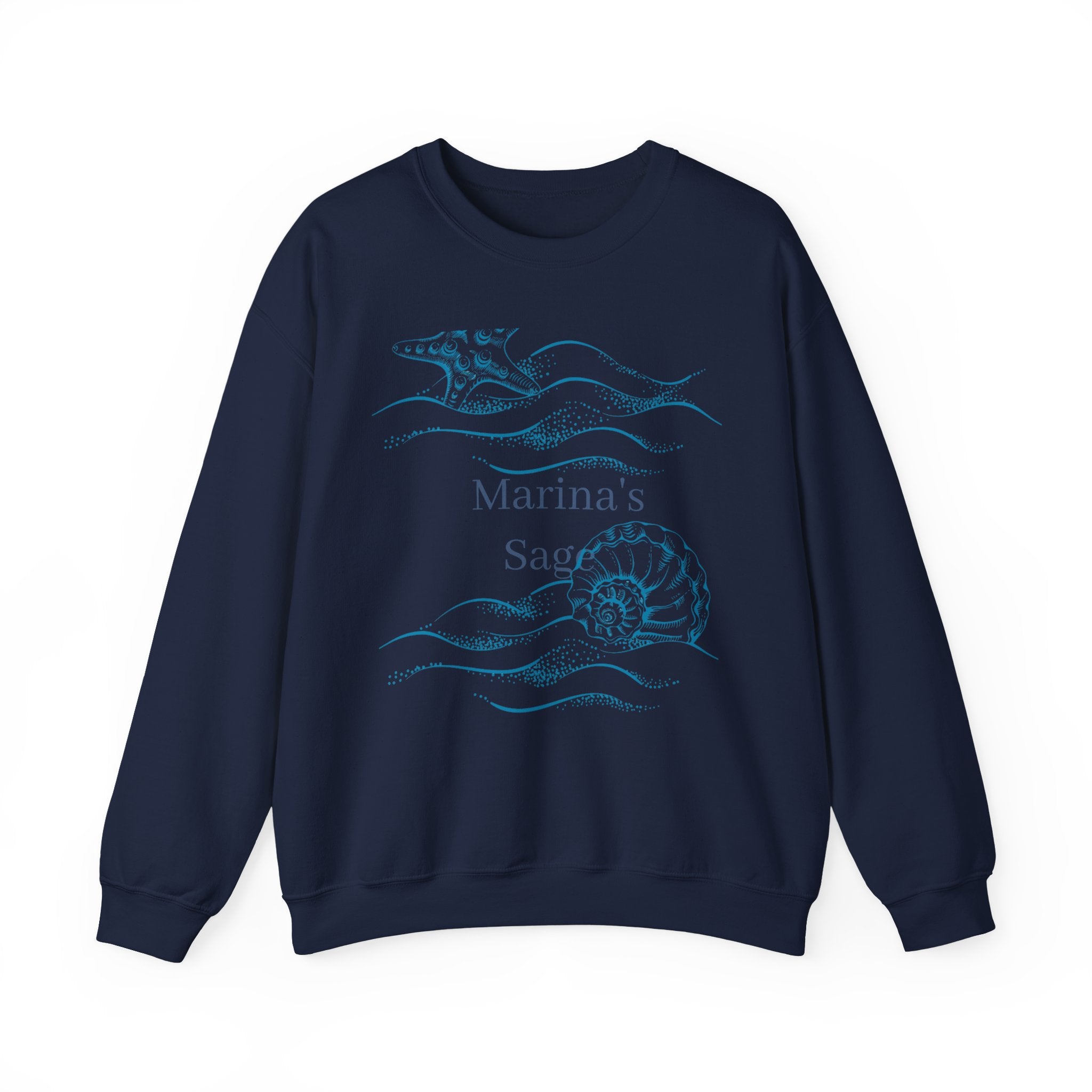 Sea Shell Crewneck Sweatshirt — “Marina’s Sage” Nautical Wave Graphic