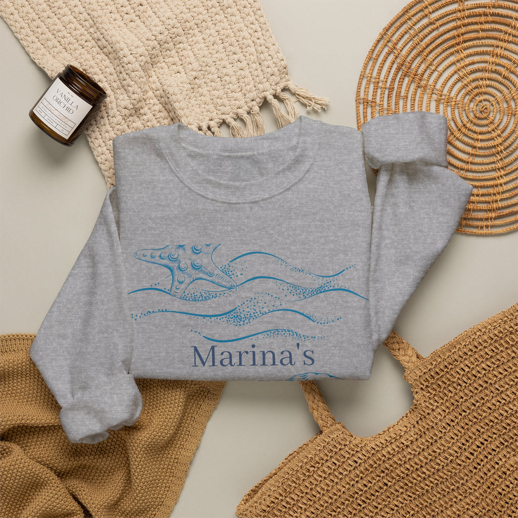 Sea Shell Crewneck Sweatshirt — “Marina’s Sage” Nautical Wave Graphic