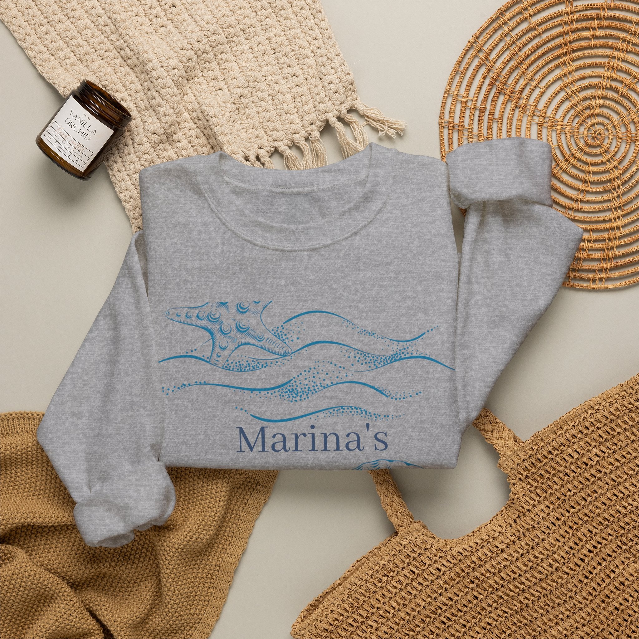 Sea Shell Crewneck Sweatshirt — “Marina’s Sage” Nautical Wave Graphic