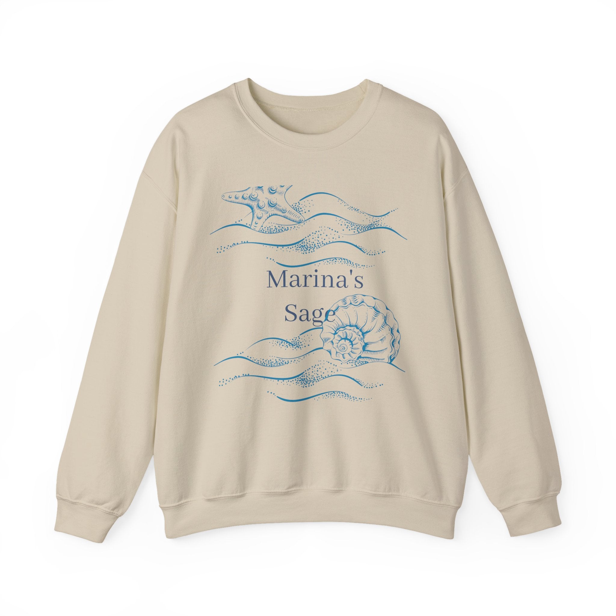Sea Shell Crewneck Sweatshirt — “Marina’s Sage” Nautical Wave Graphic