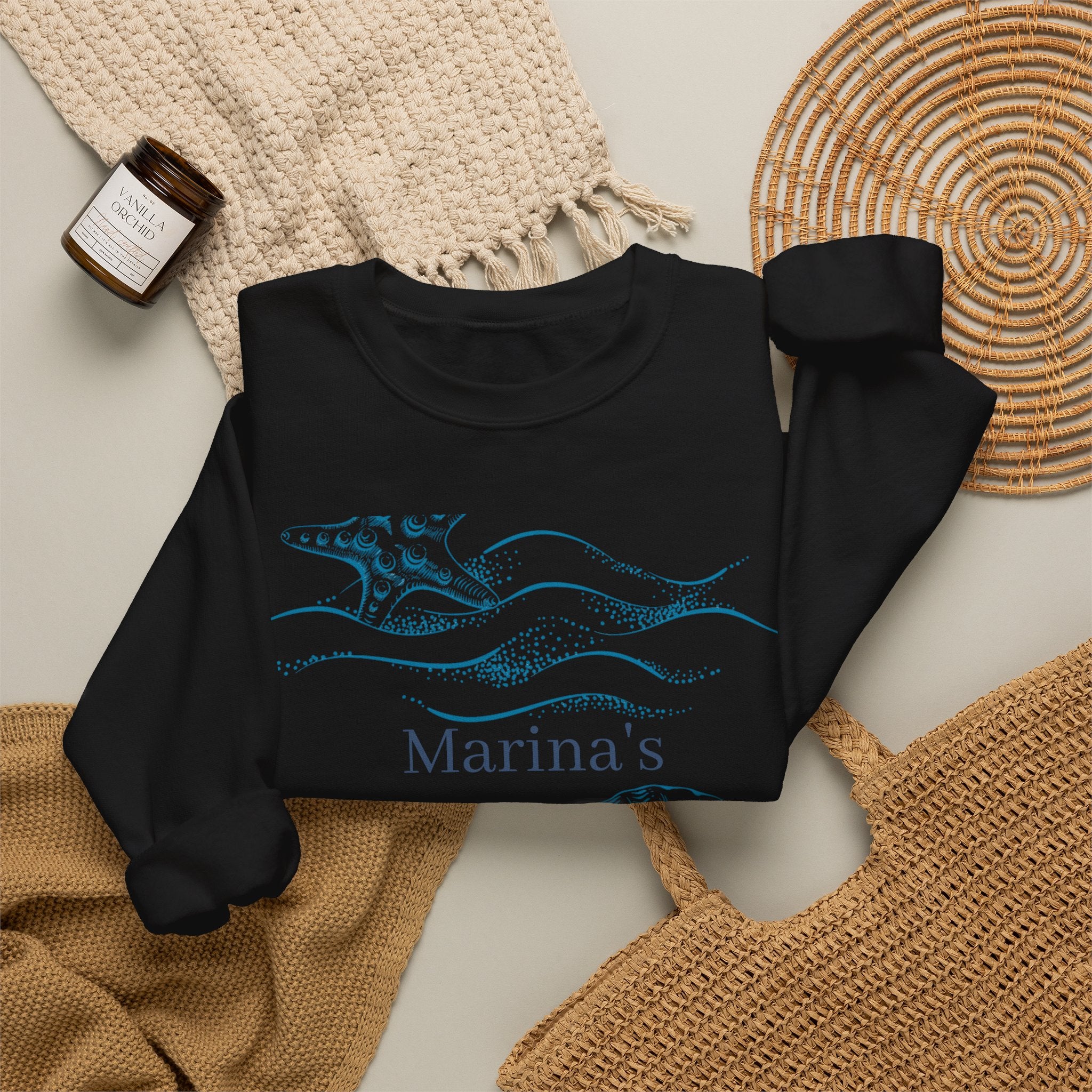 Sea Shell Crewneck Sweatshirt — “Marina’s Sage” Nautical Wave Graphic