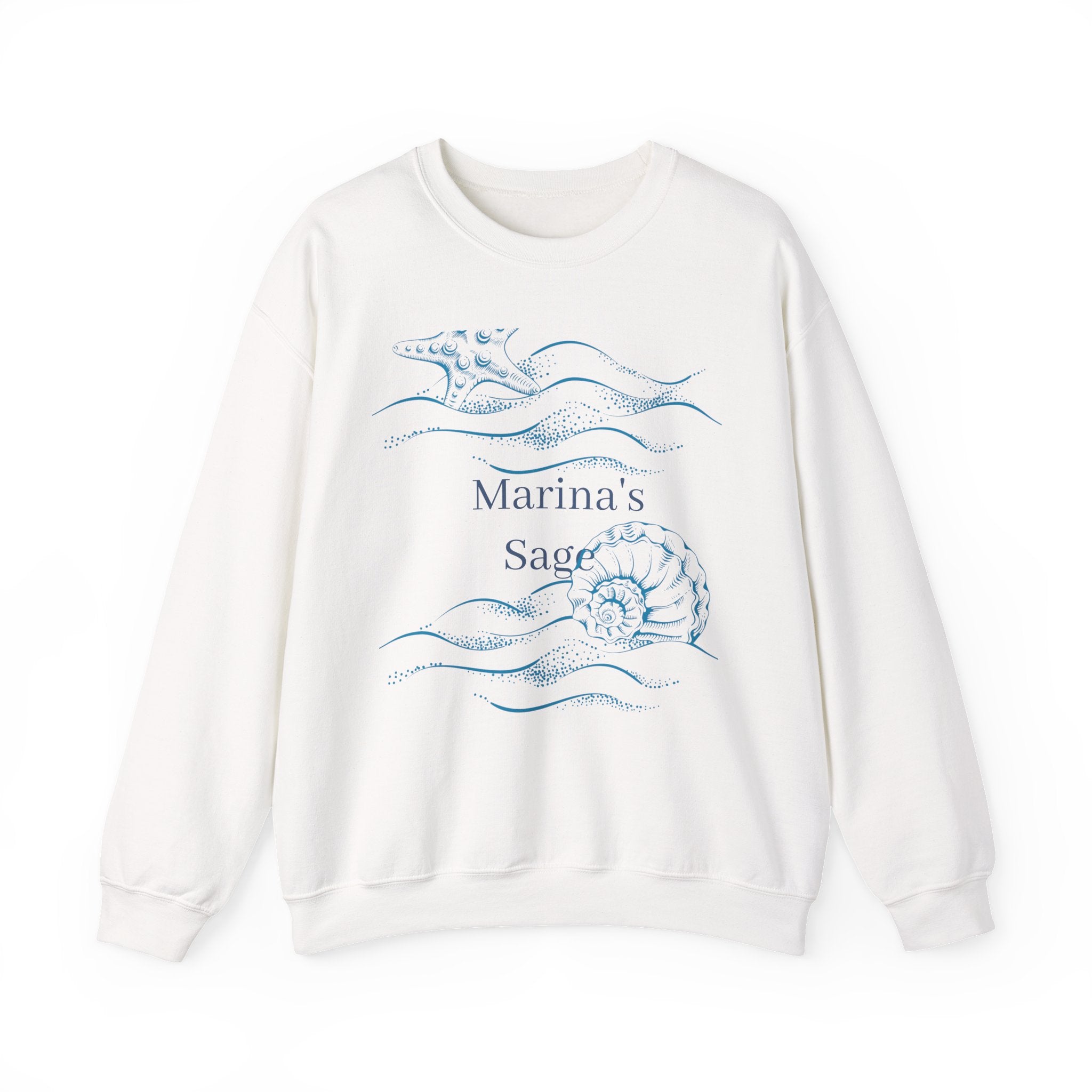 Sea Shell Crewneck Sweatshirt — “Marina’s Sage” Nautical Wave Graphic