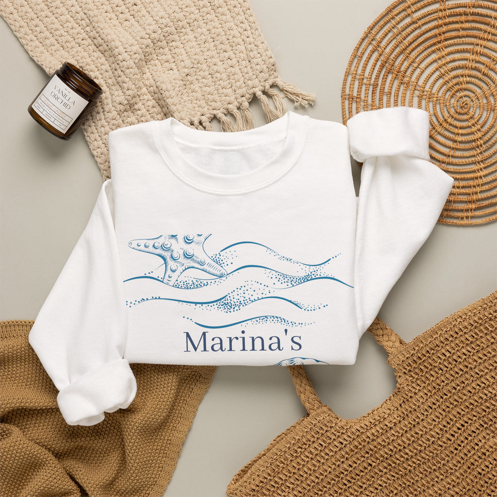 Sea Shell Crewneck Sweatshirt — “Marina’s Sage” Nautical Wave Graphic